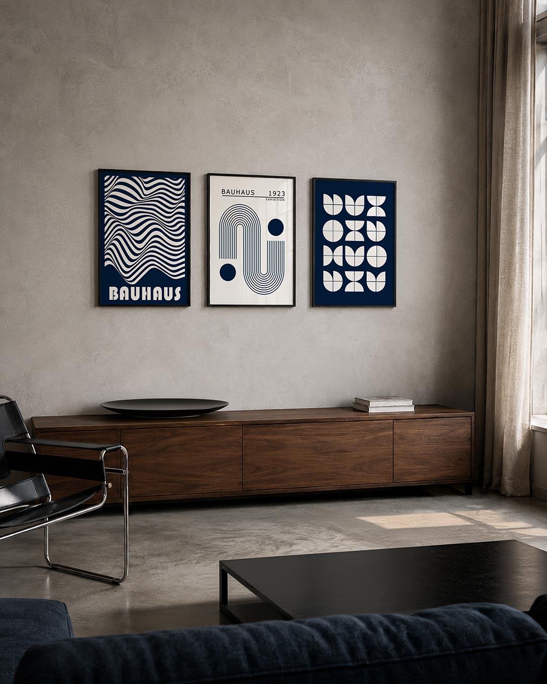 Golvend lijnenspel posterset – tweede productweergave – deze posterset in drie delen toont vloeiende, golvende lijnen in een
