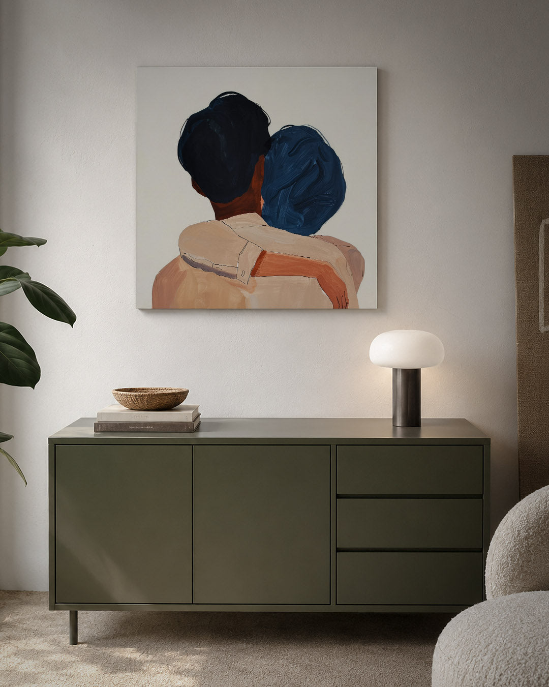Intieme omhelzing kunstwerk – detailweergave – dit werk toont een intieme omhelzing van twee figuren, met vloeiende lijnen en