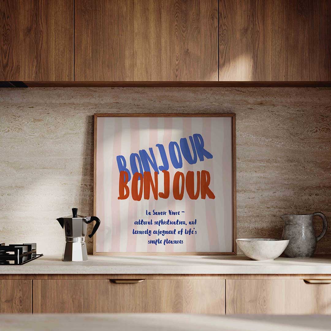 Bonjour tekst – culinaire wandkunst als vierkante poster