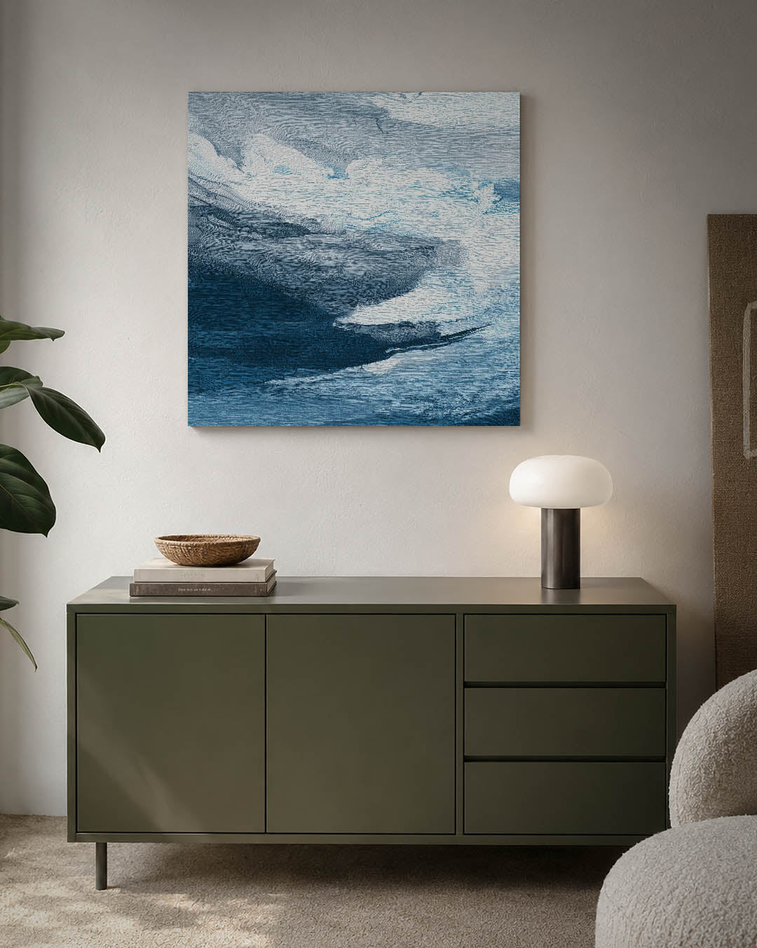 Dynamische blauwe wolken kunstwerk – detailweergave – dit werk toont een vloeiende compositie van blauwe en grijze tinten die