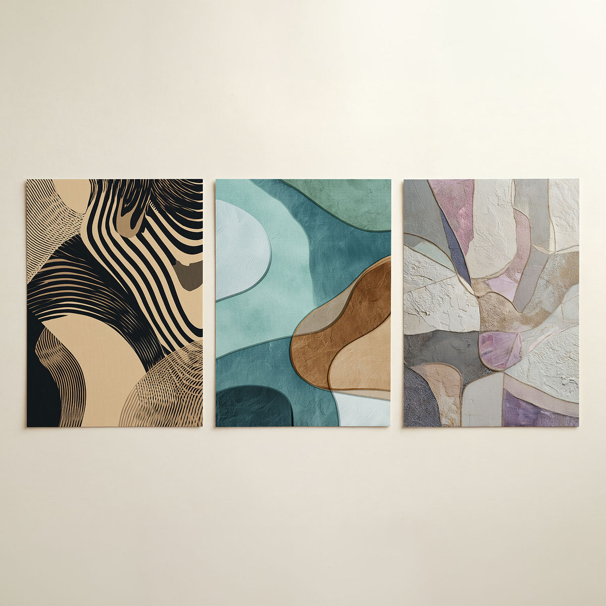 Golvend lijnenspel driedelige posterset in tweede interieur