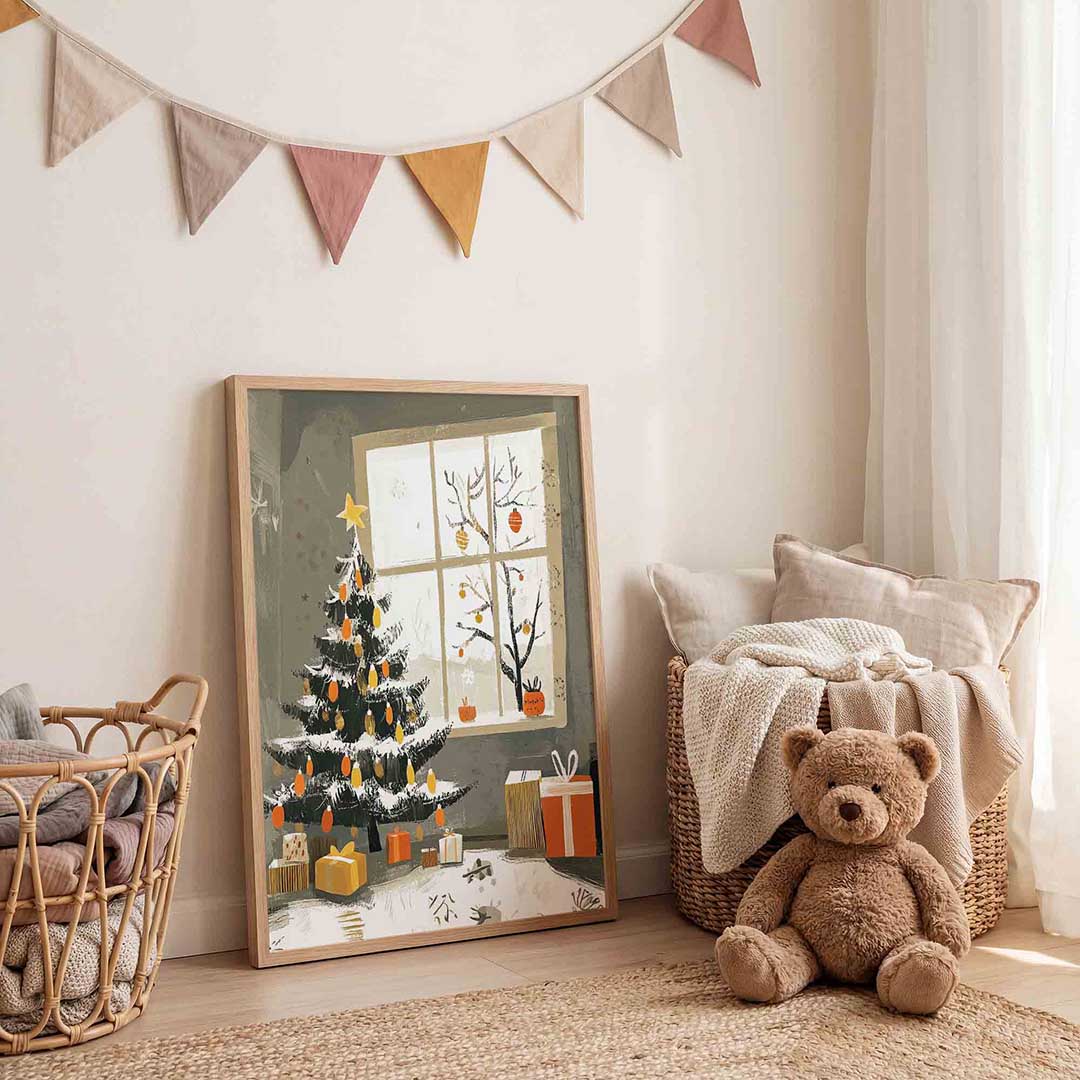 Kerstboom en cadeaus – speelse wandkunst als portret kinderposter