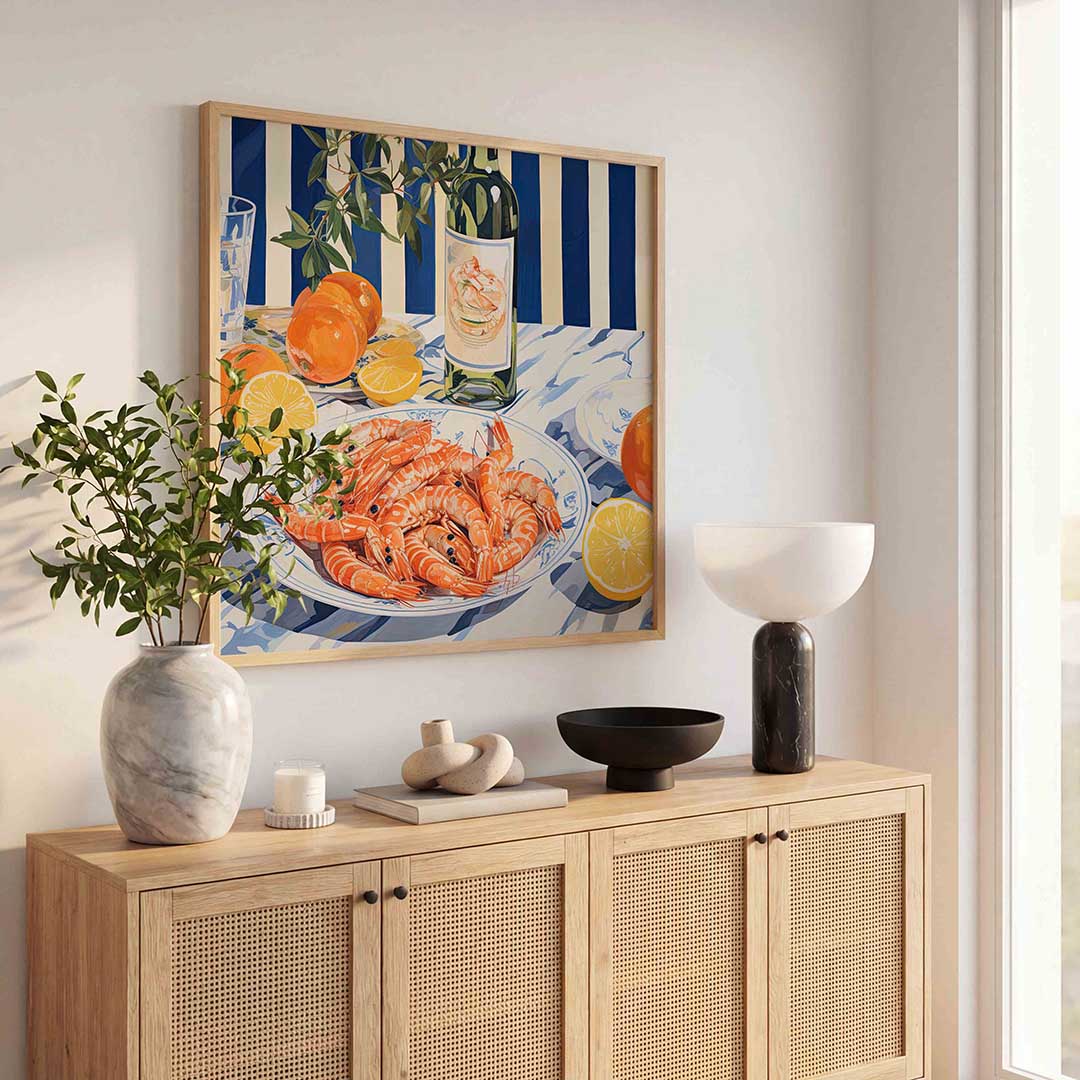 Garnalen en citrus – illustratie poster in vierkant formaat