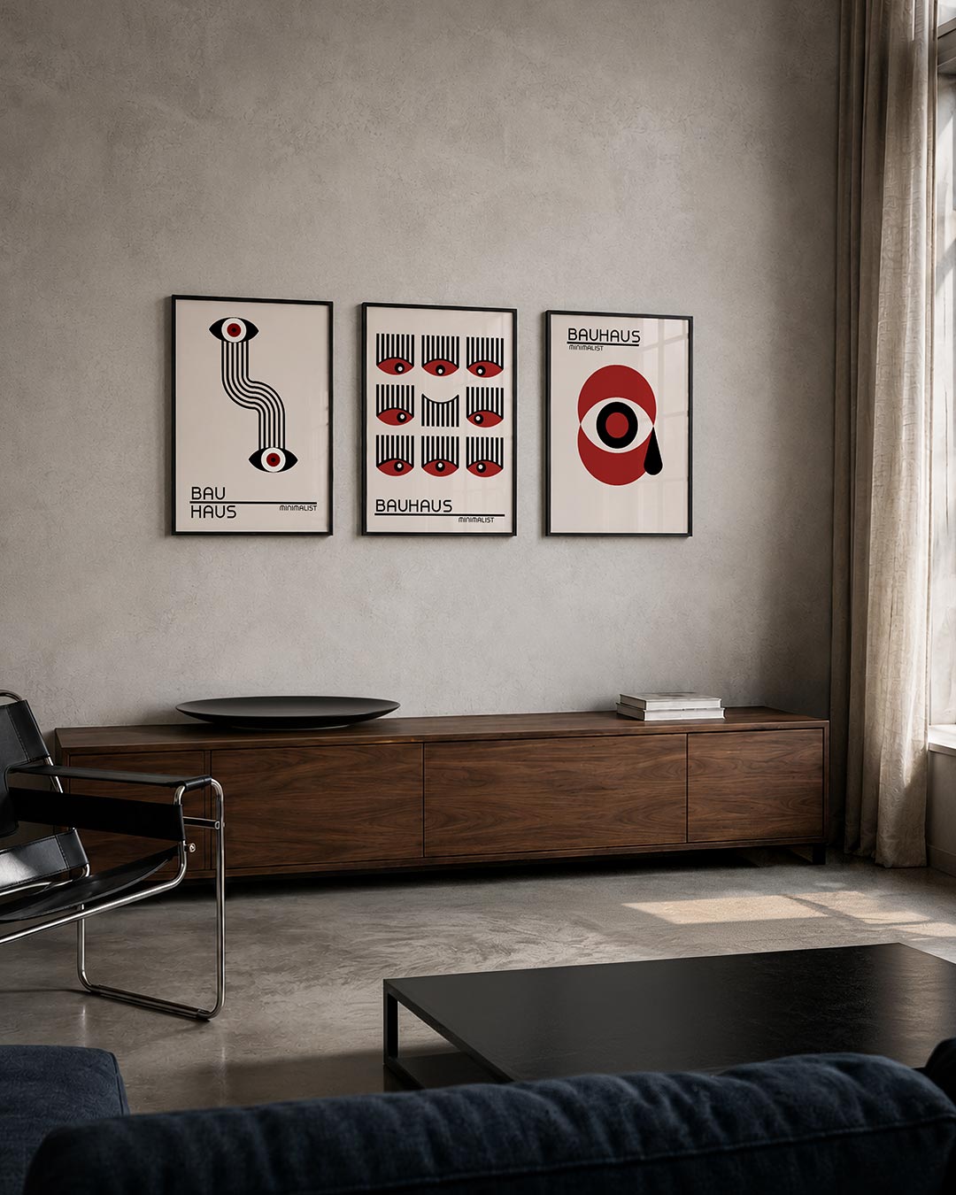 Ooglijnenspel posterset – tweede productweergave – twee ogen verbonden door golvende lijnen. Zwart-wit met rode accenten.