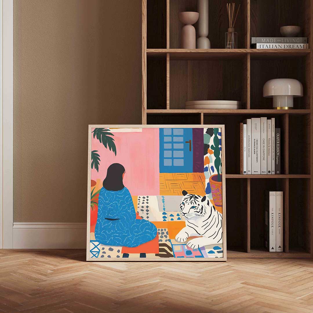 Vrouw en tijger – moderne poster in vierkant formaat