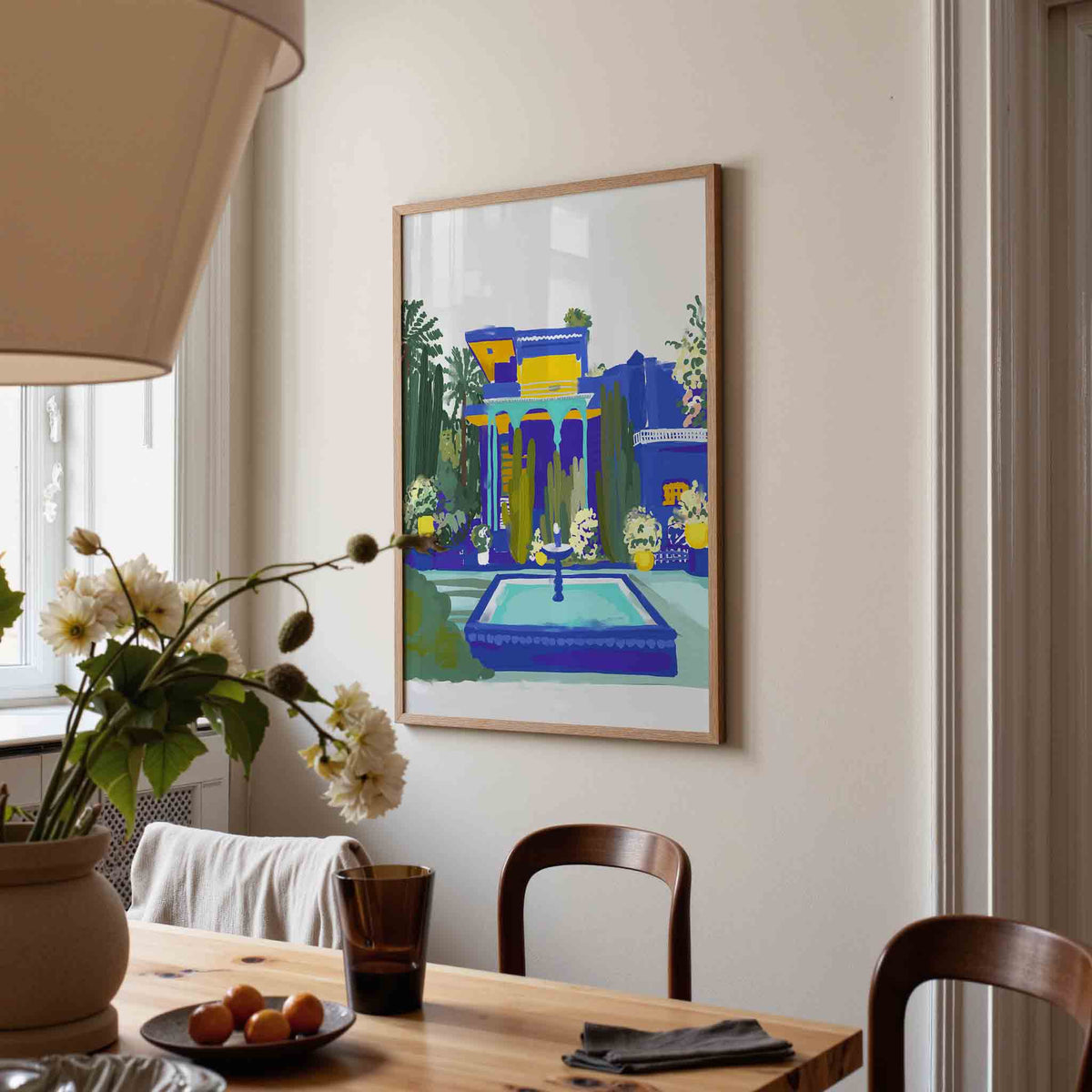 Tuin met fontein – eigentijdse illustratie poster in staand formaat
