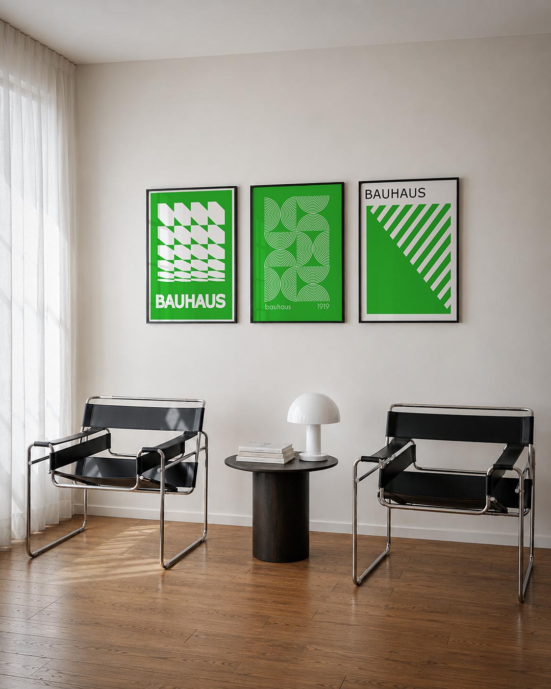 Groene vlakkenritme posterset – tweede productweergave – deze posterset in drie delen toont een levendig spel van groene en
