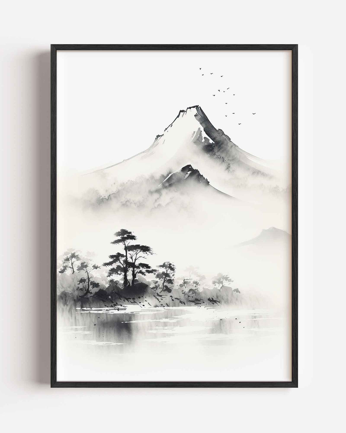 Berglandschap met vogels – Aziatische portret poster als wanddecoratie