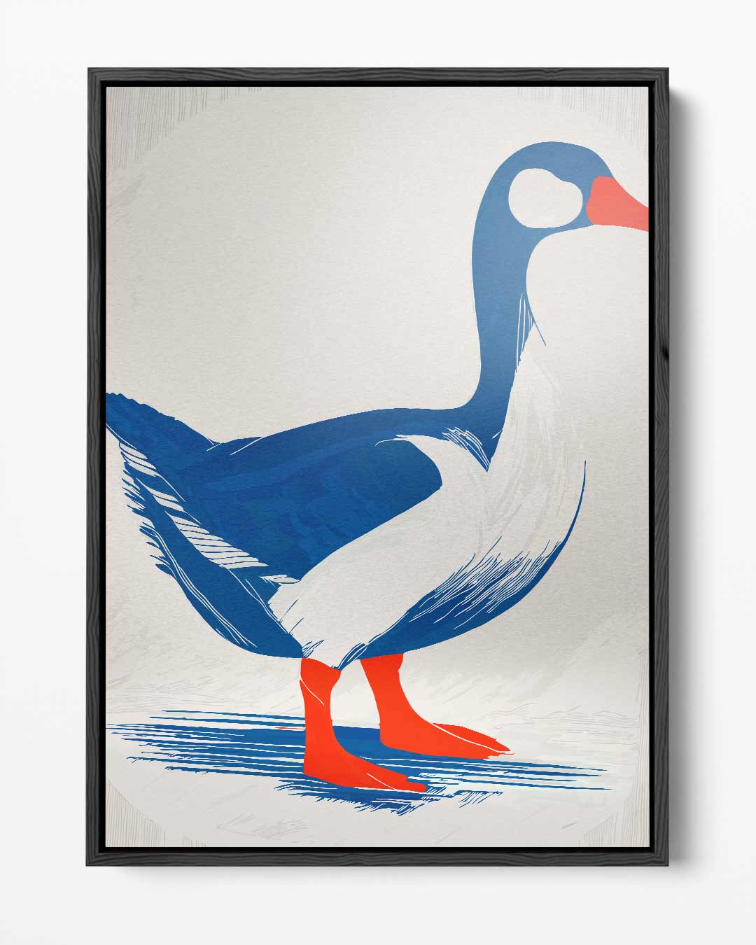 Stijlvolle Eend in Blauw en Rood – portret kunstwerk als wanddecoratie