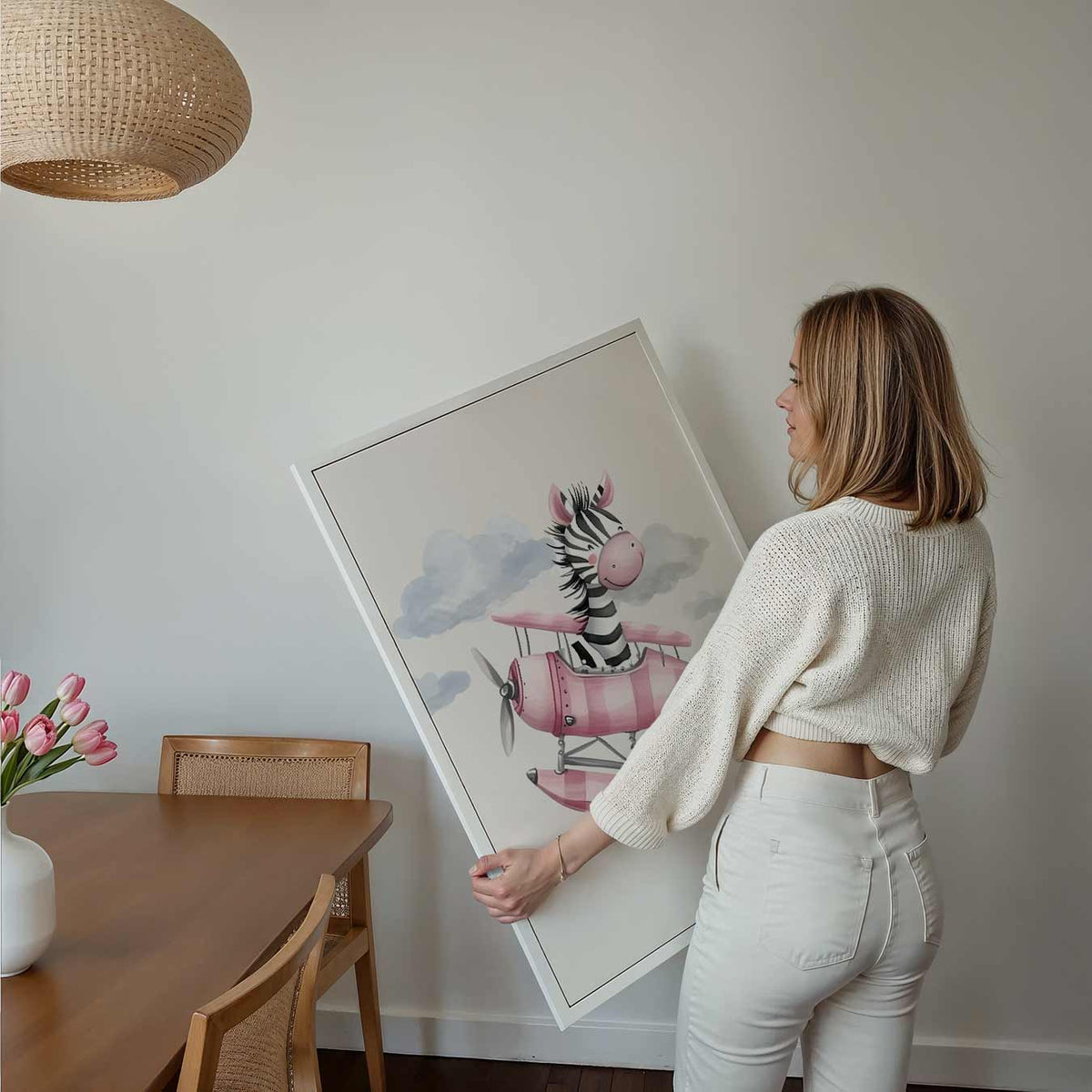 Dromerige Zebra in het Vliegtuig – kids poster als vrolijke staande wanddecoratie
