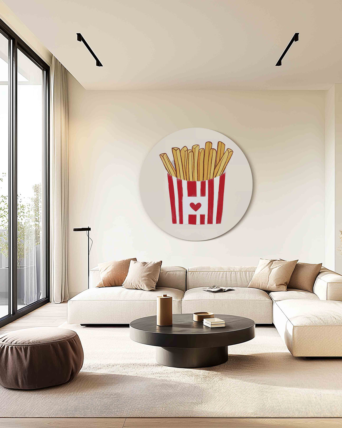 Frietjes in rode verpakking – safari muurcirkel als ronde wanddecoratie