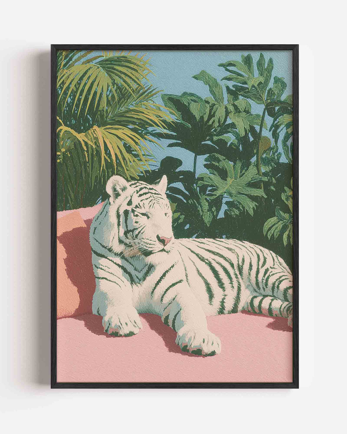 Witte tijger met bladeren – pastel portret poster als wanddecoratie