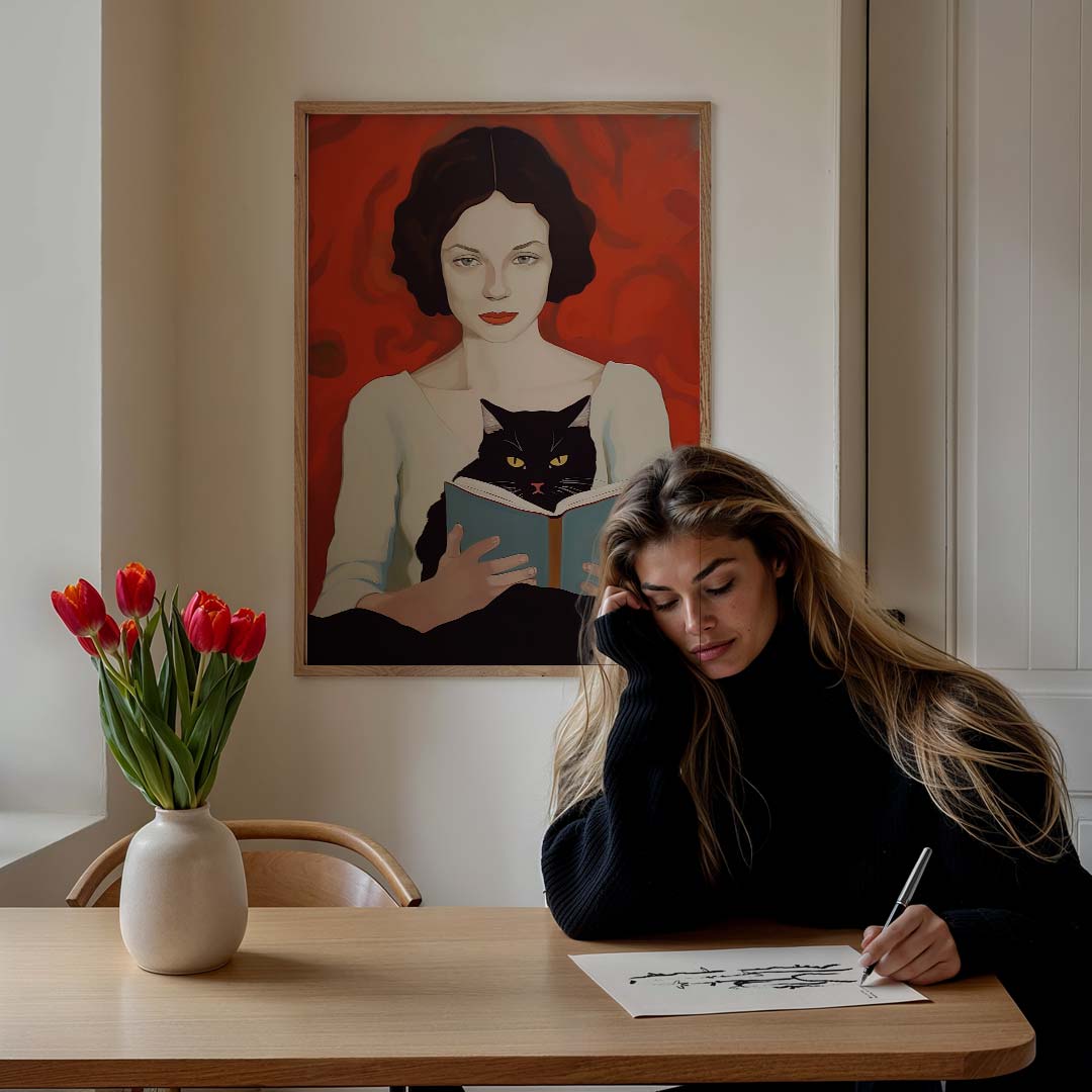 Mystieke Nachten met de Kat – staande vrouwelijke wanddecoratie van WallArtistic