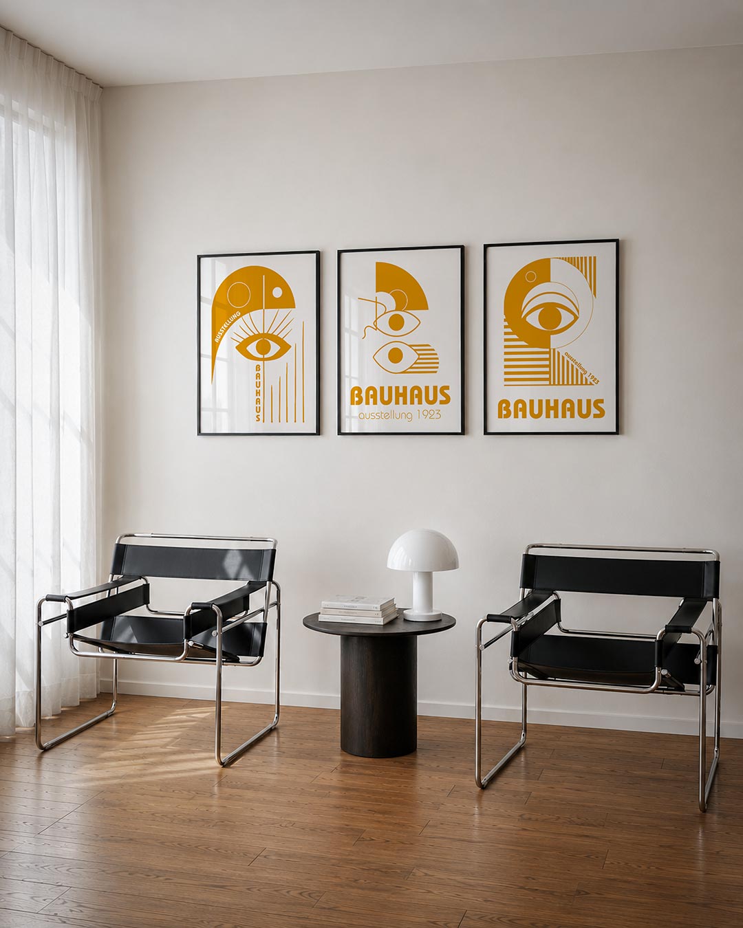 Oog en lijnen posterset – derde productweergave – een opvallende oranje compositie met een groot oog centraal. Rechte lijnen