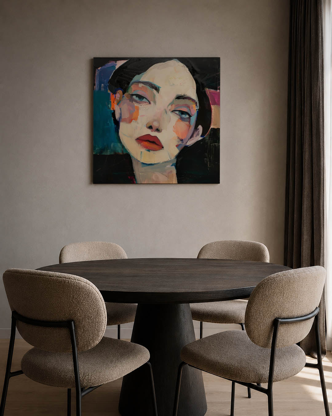 Abstracte kunstwerk – tweede productweergave – dit kunstwerk toont een portret met levendige kleuren en dynamische