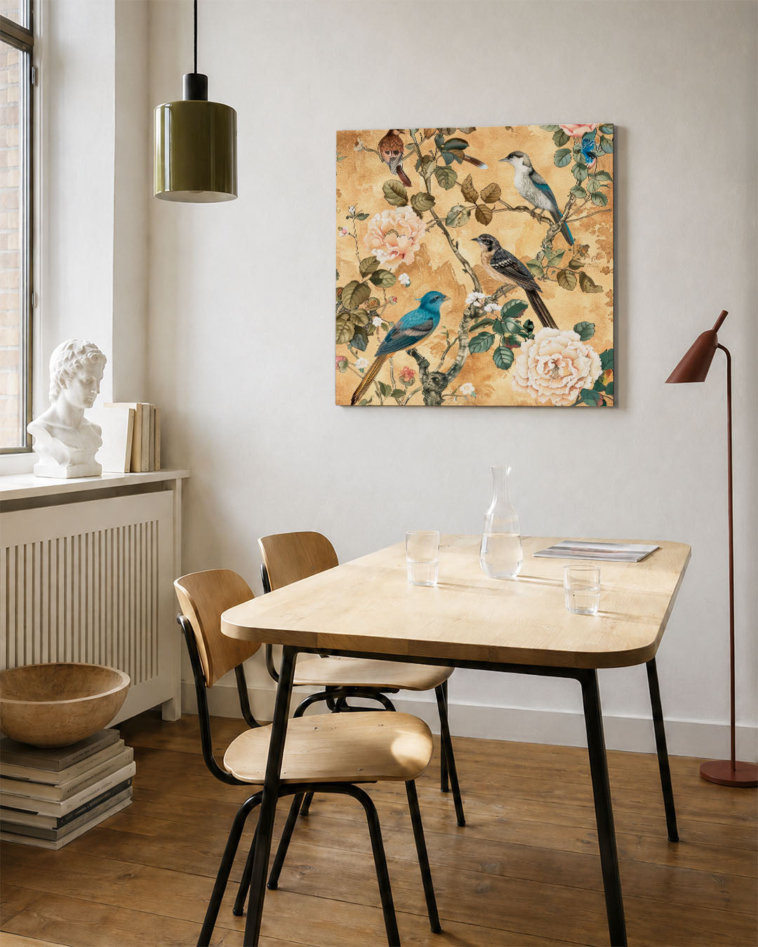 Vogels en bloemen kunstwerk – vierkante wanddecoratie – dit kunstwerk toont een levendig tafereel van vogels te midden van