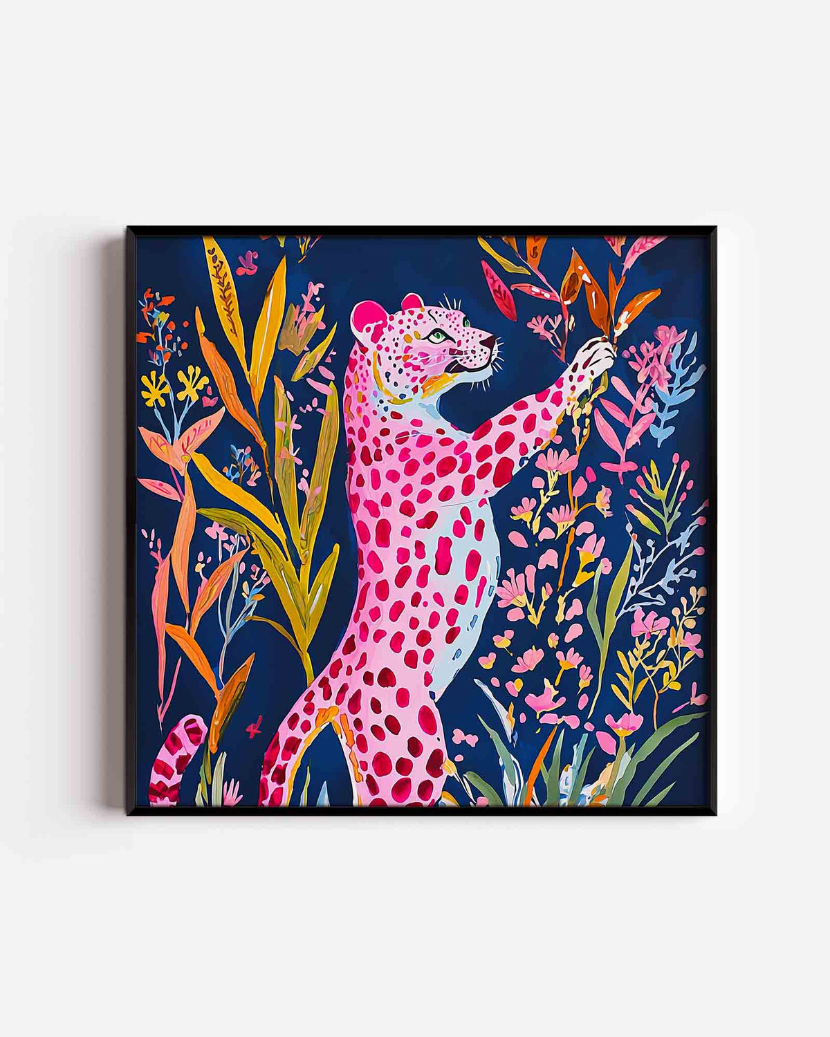Roze luipaard met bloemen – jungle vierkante poster als wanddecoratie