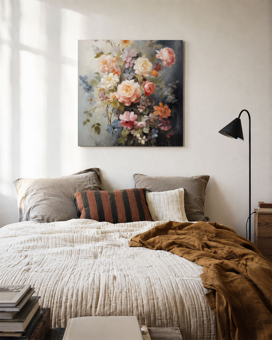 Bloemenpracht kunstwerk – detailweergave – dit kunstwerk toont een weelderige verzameling bloemen in zachte tinten, met een