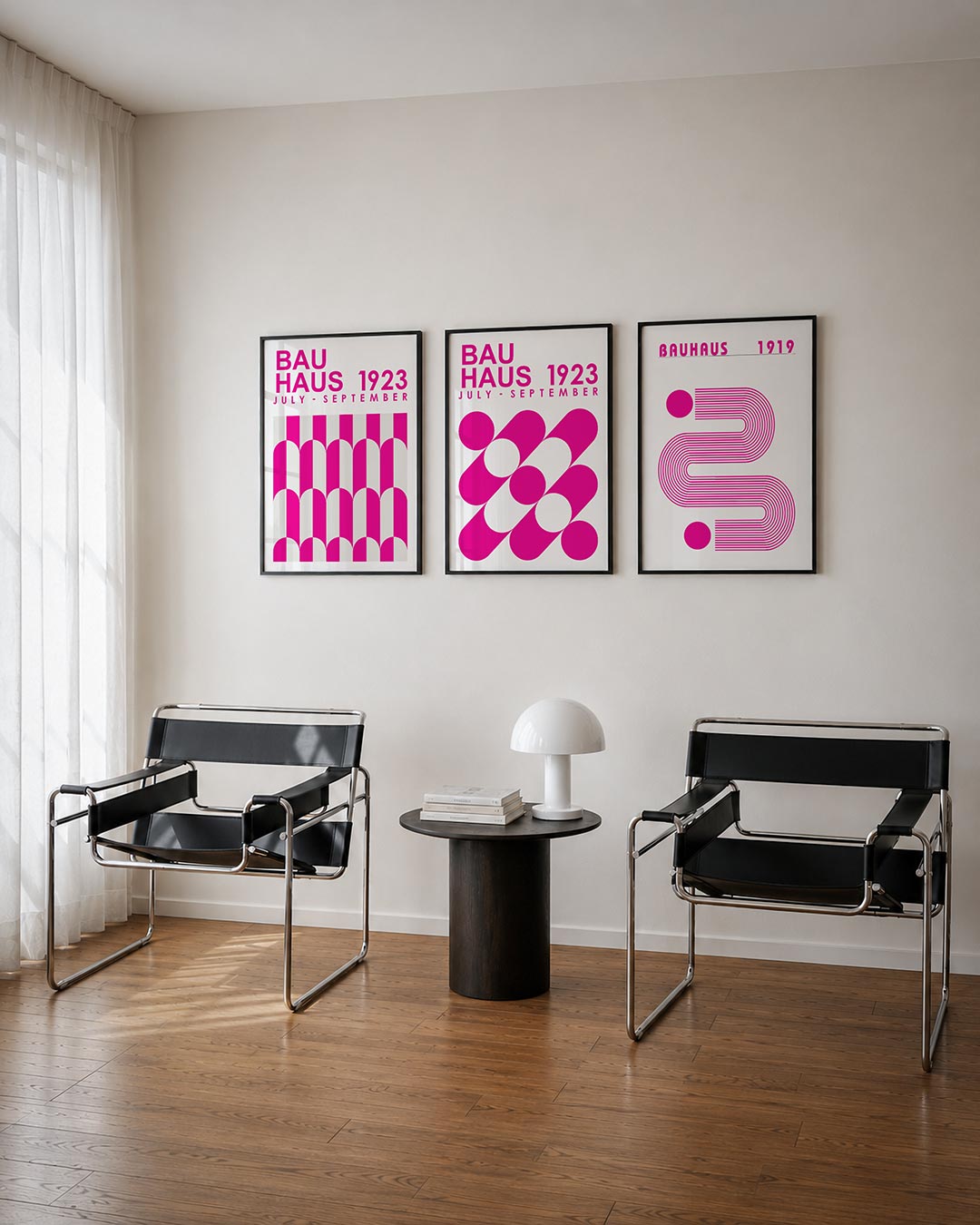 Kleurrijke boogpatronen posterset – tweede productweergave – deze posterset in drie delen toont levendige roze en witte