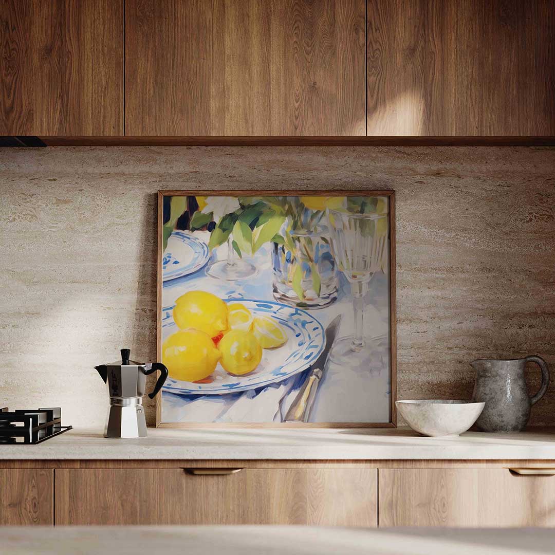 Citroenen op tafel – culinaire wandkunst als vierkante poster