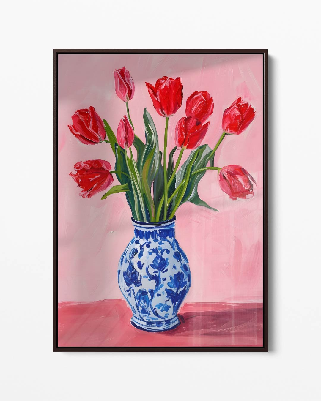 Vrolijke Tulpen in Delfts Blauw – portret kunstwerk als wanddecoratie