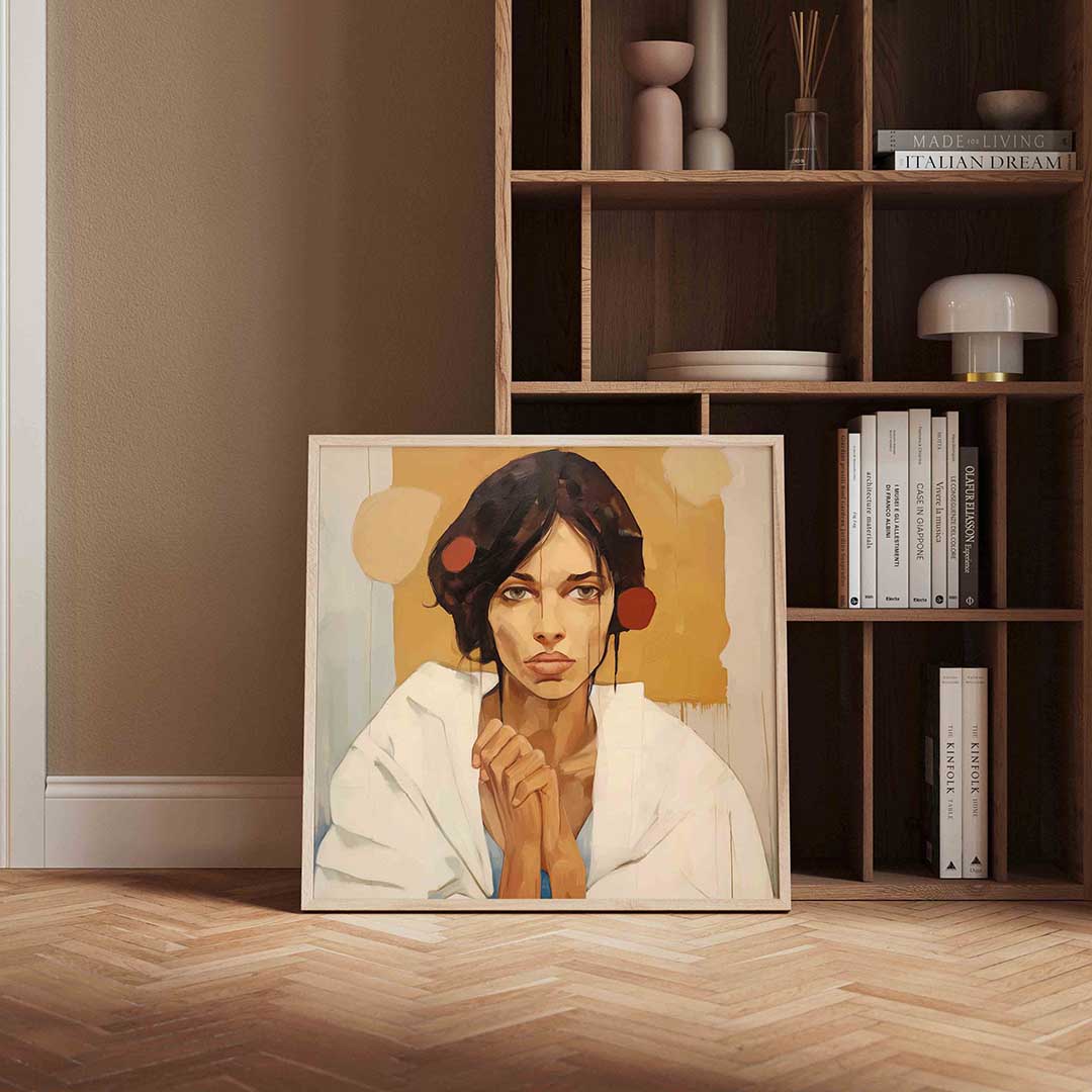 Vrouw met witte doek – portret poster in vierkant formaat