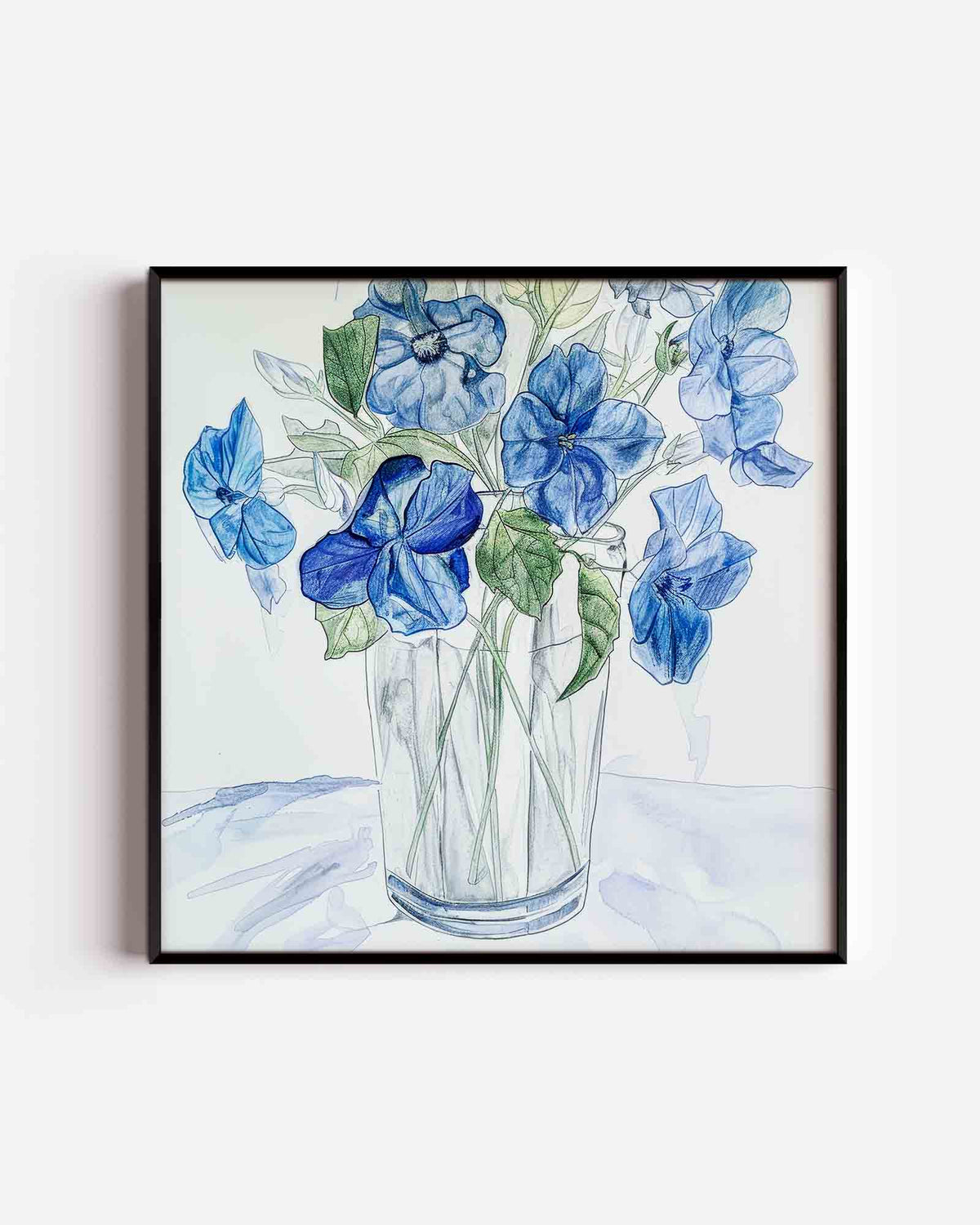 Blauwe bloemen in vaas – kleurrijke illustratie poster als wanddecoratie