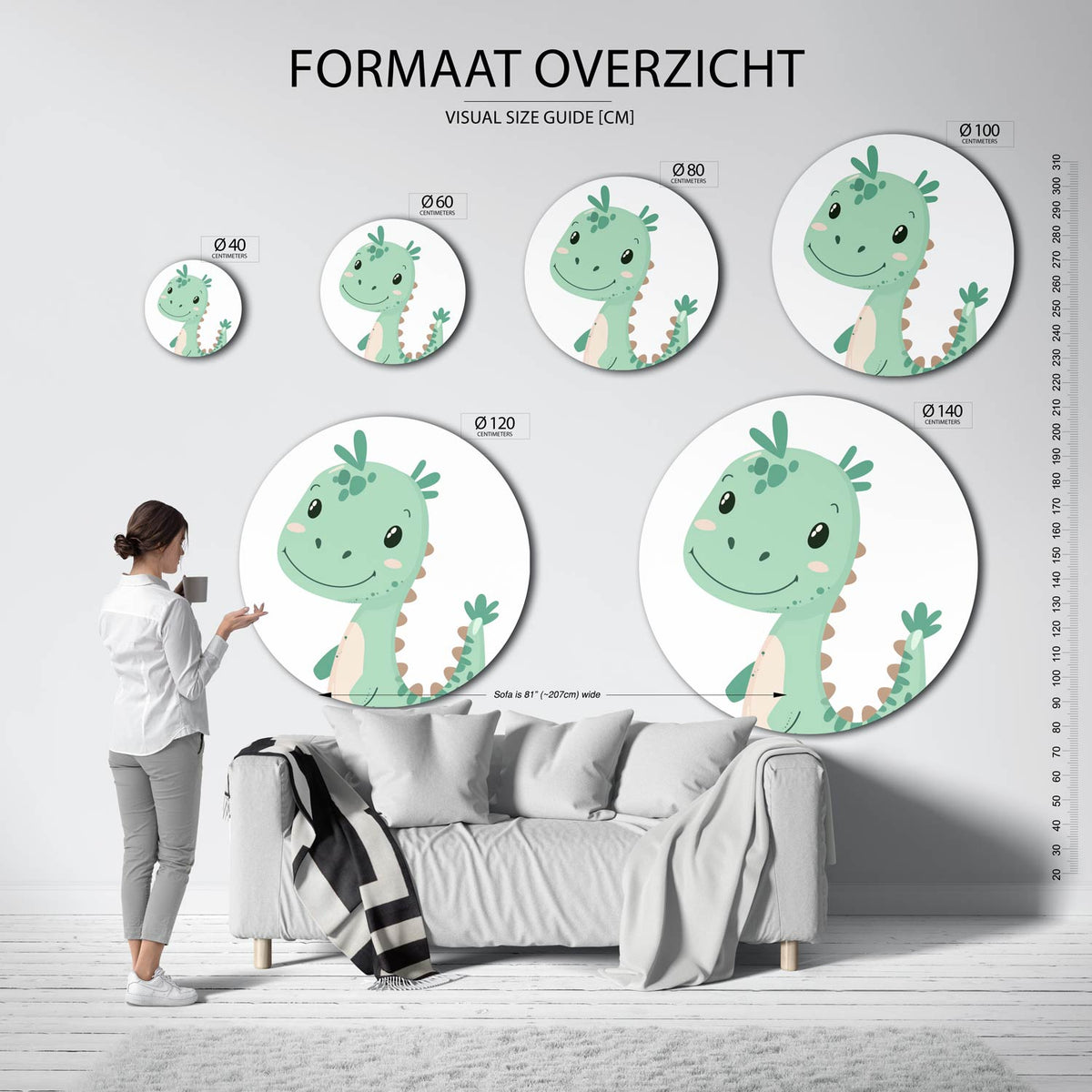 Groene dinosaurus Muurcirkel – extra productweergave – Een schattige groene dinosaurus met bruine stekels en een lichte buik