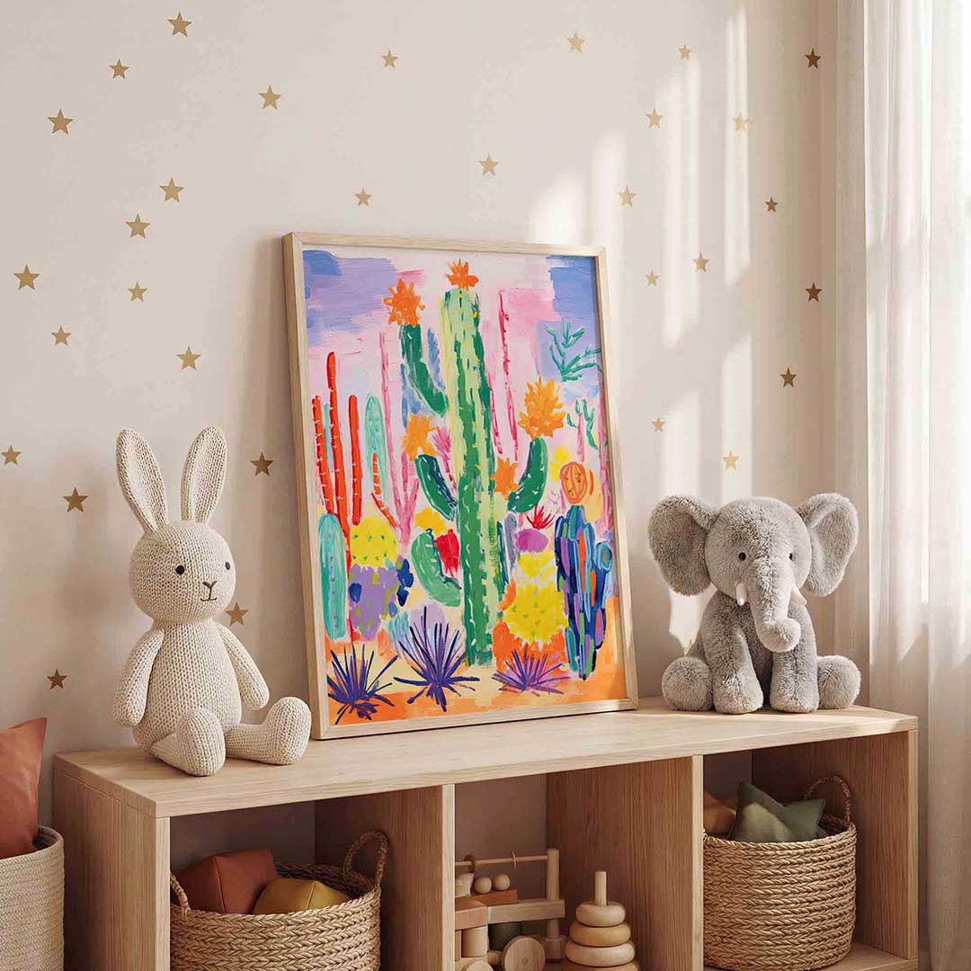 Kleurrijke cactussen – staande kinderkamer wanddecoratie van WallArtistic