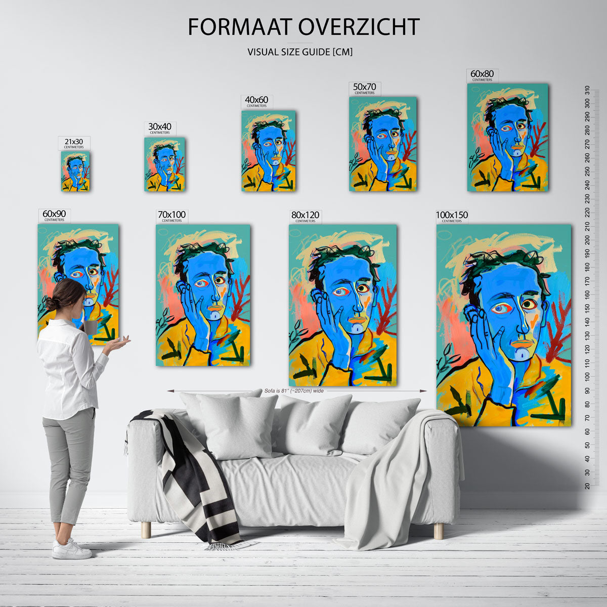 Blauw gezicht met hand – staande muurposter met kleurrijke illustratie