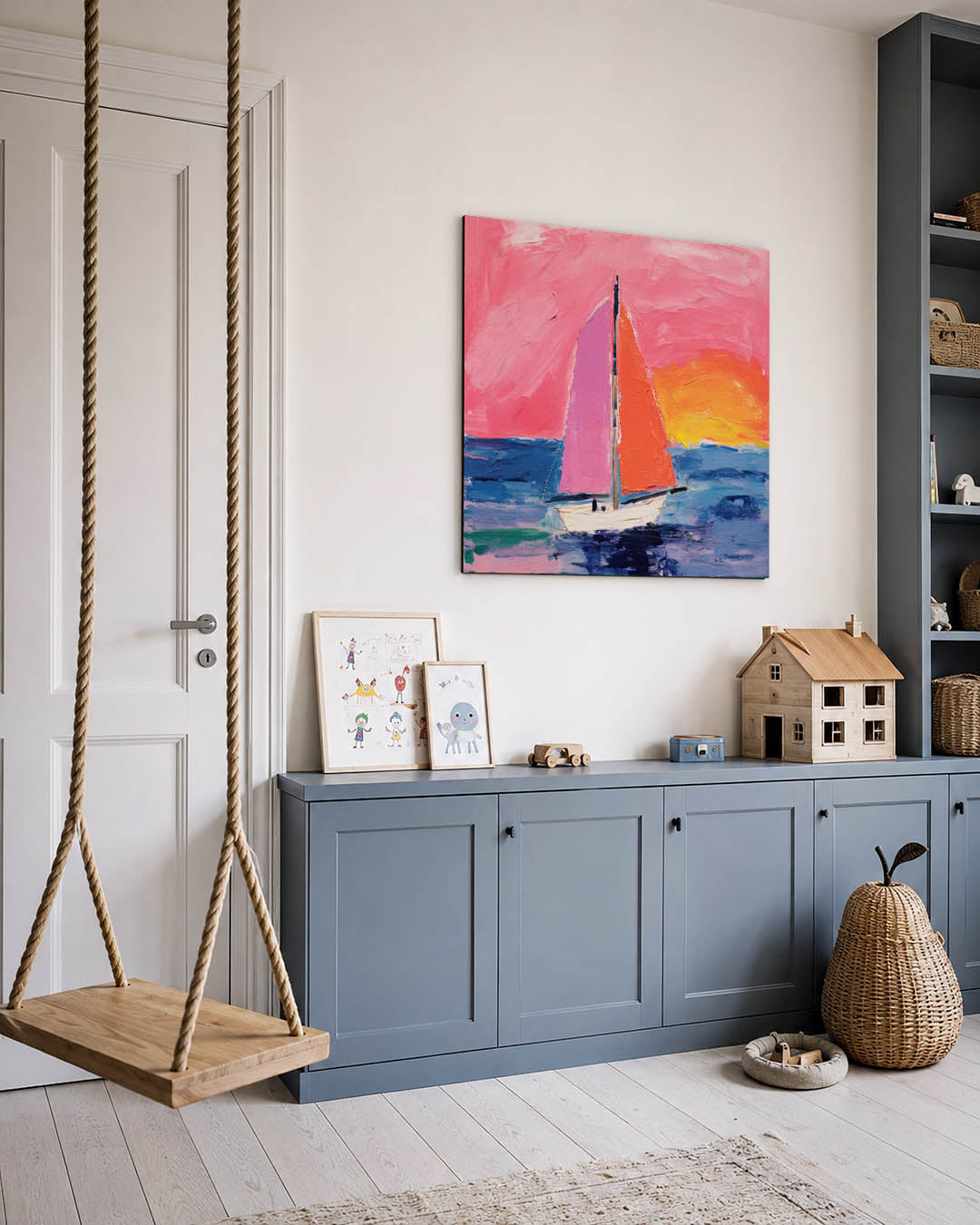 Vrolijk zeilboottafereel kunstwerk – vierkante wanddecoratie – dit kunstwerk toont een zeilboot op een kleurrijke zee met een