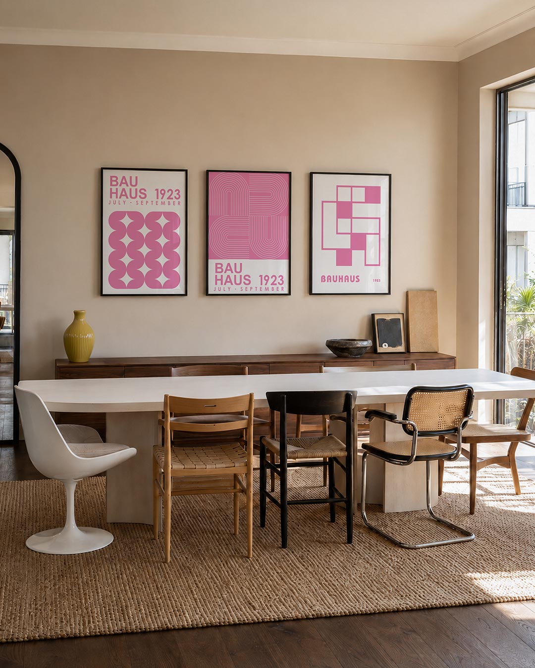 Vormen en vlakken driedelige posterset – deze posterset in drie delen toont een ritmisch patroon van roze halve cirkels en