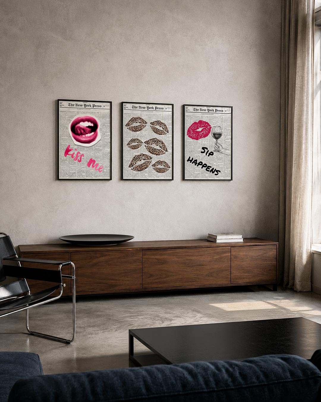 Lippen en woorden posterset – tweede productweergave – een opvallende mond in roze stippenpatroon op een