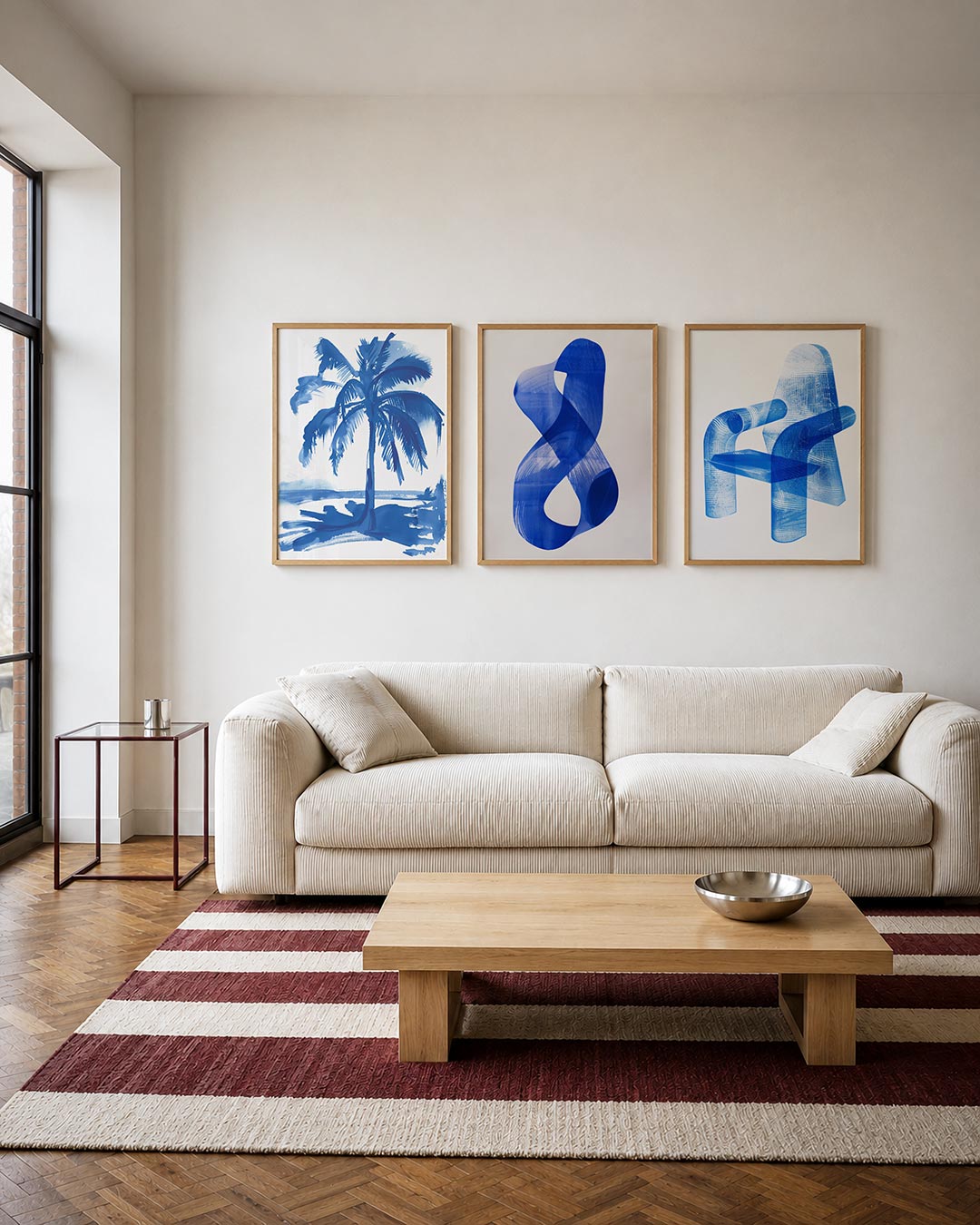 Blauwe palm driedelige posterset – een palmboom in levendig blauw, met losse penseelstreken