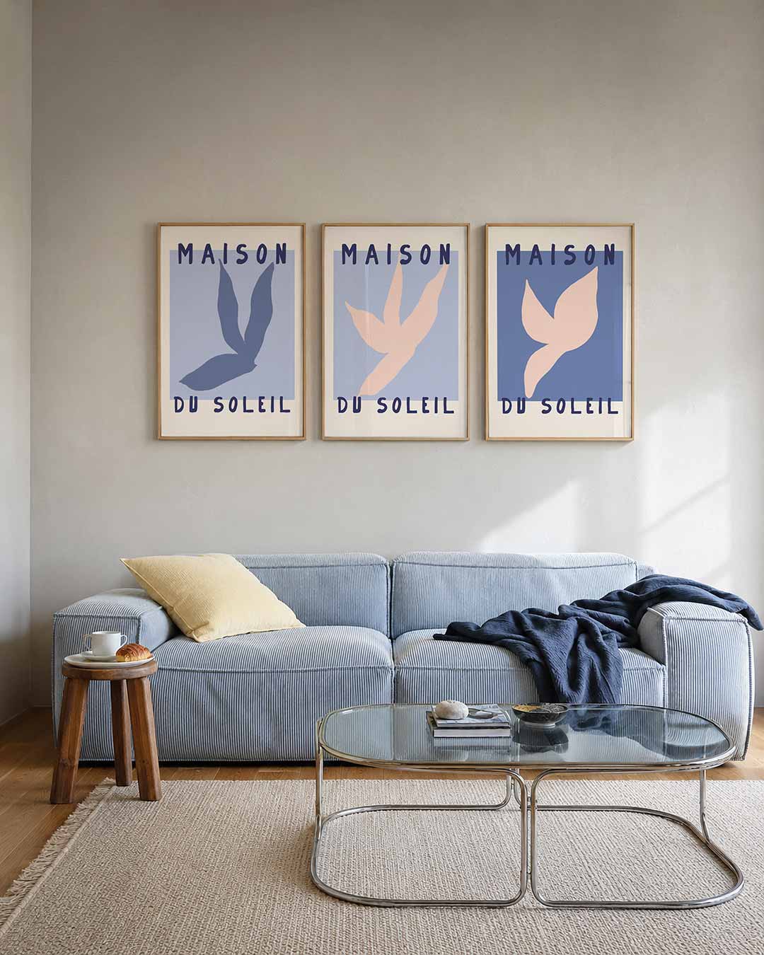 Blauwe vormen posterset – tweede productweergave – deze posterset in drie delen toont een zachte blauwe
