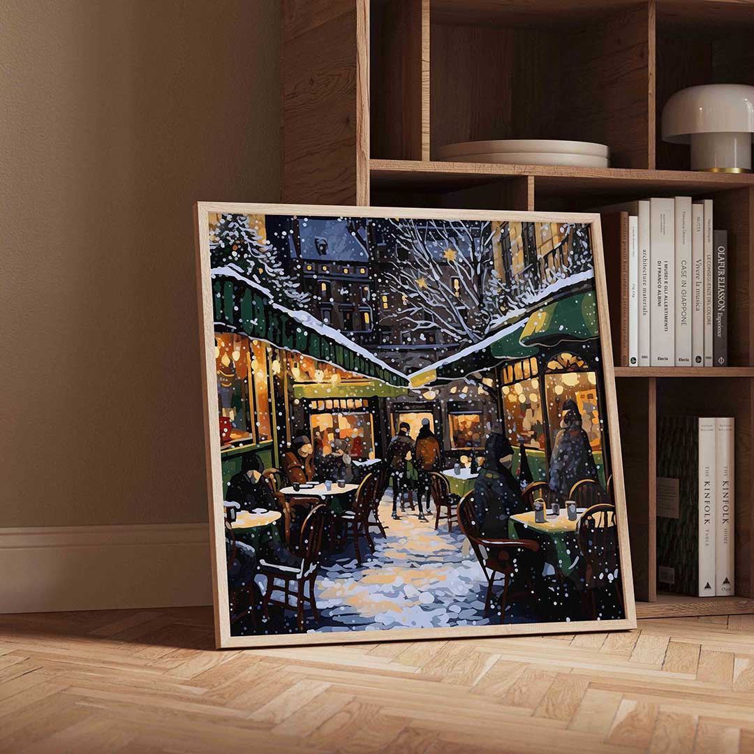Winteravond terras – vierkante kerst wanddecoratie van WallArtistic