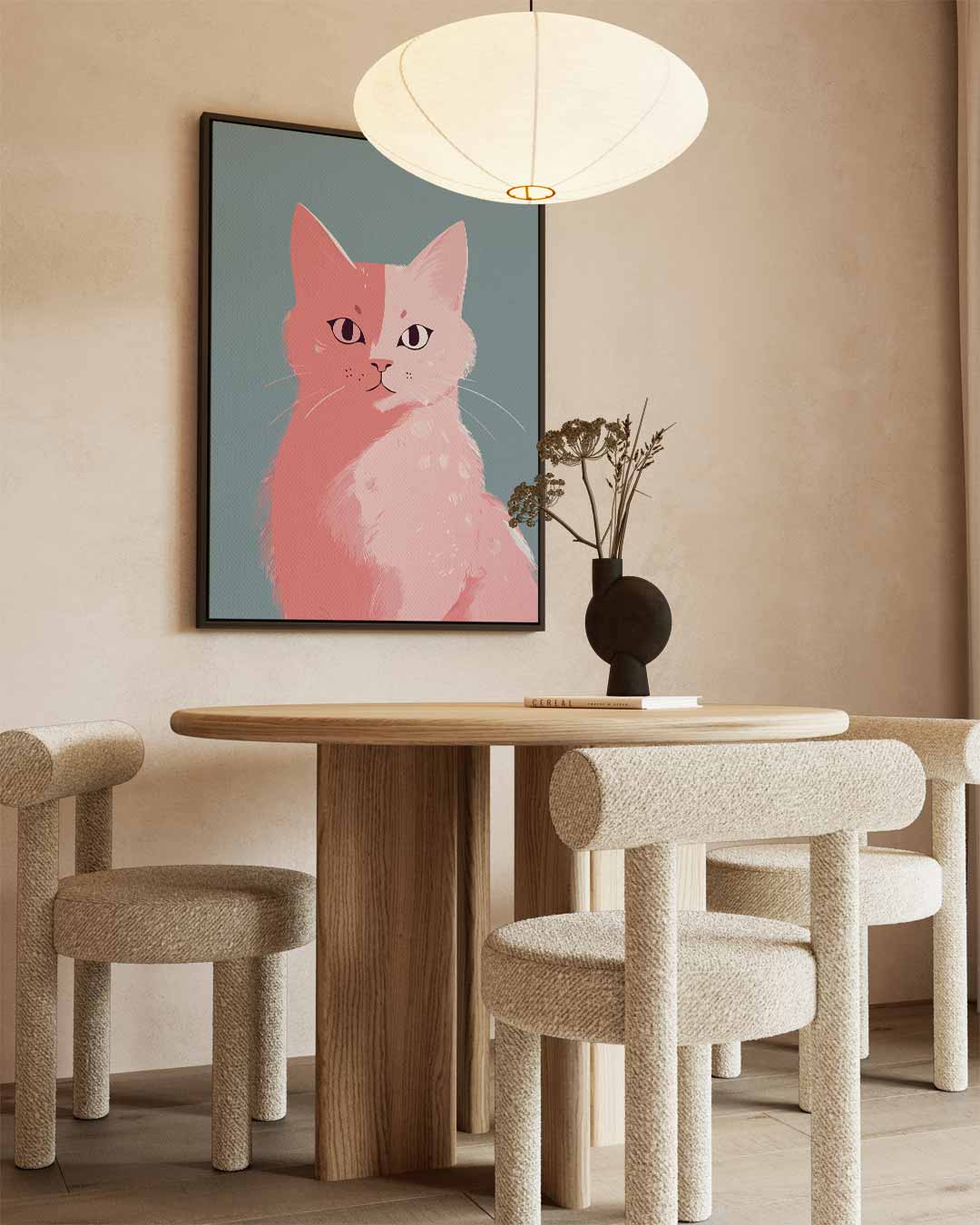 Roze Kat op Blauw Achtergrond – staand kunstwerk voor modern interieur