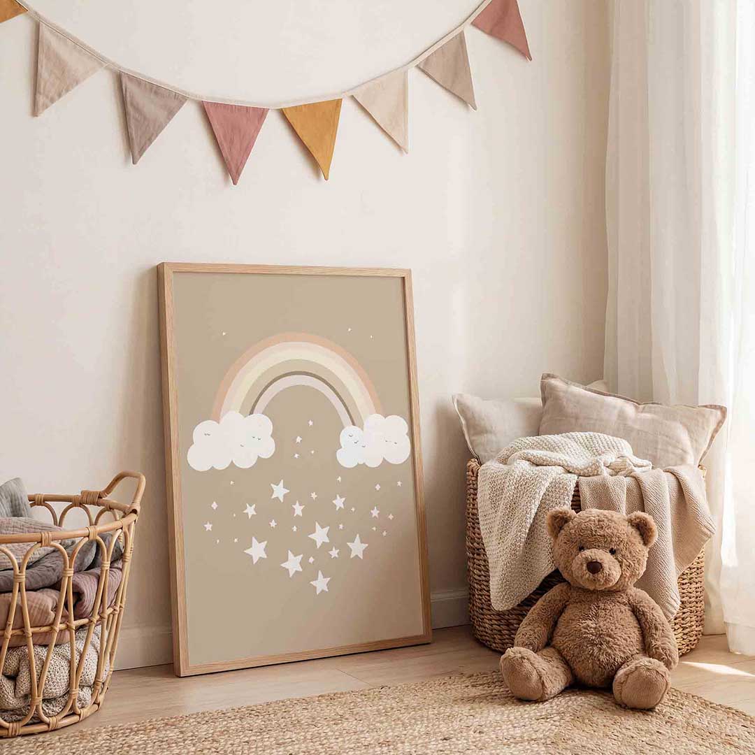 Regenboog en sterren – speelse wandkunst als portret kinderposter