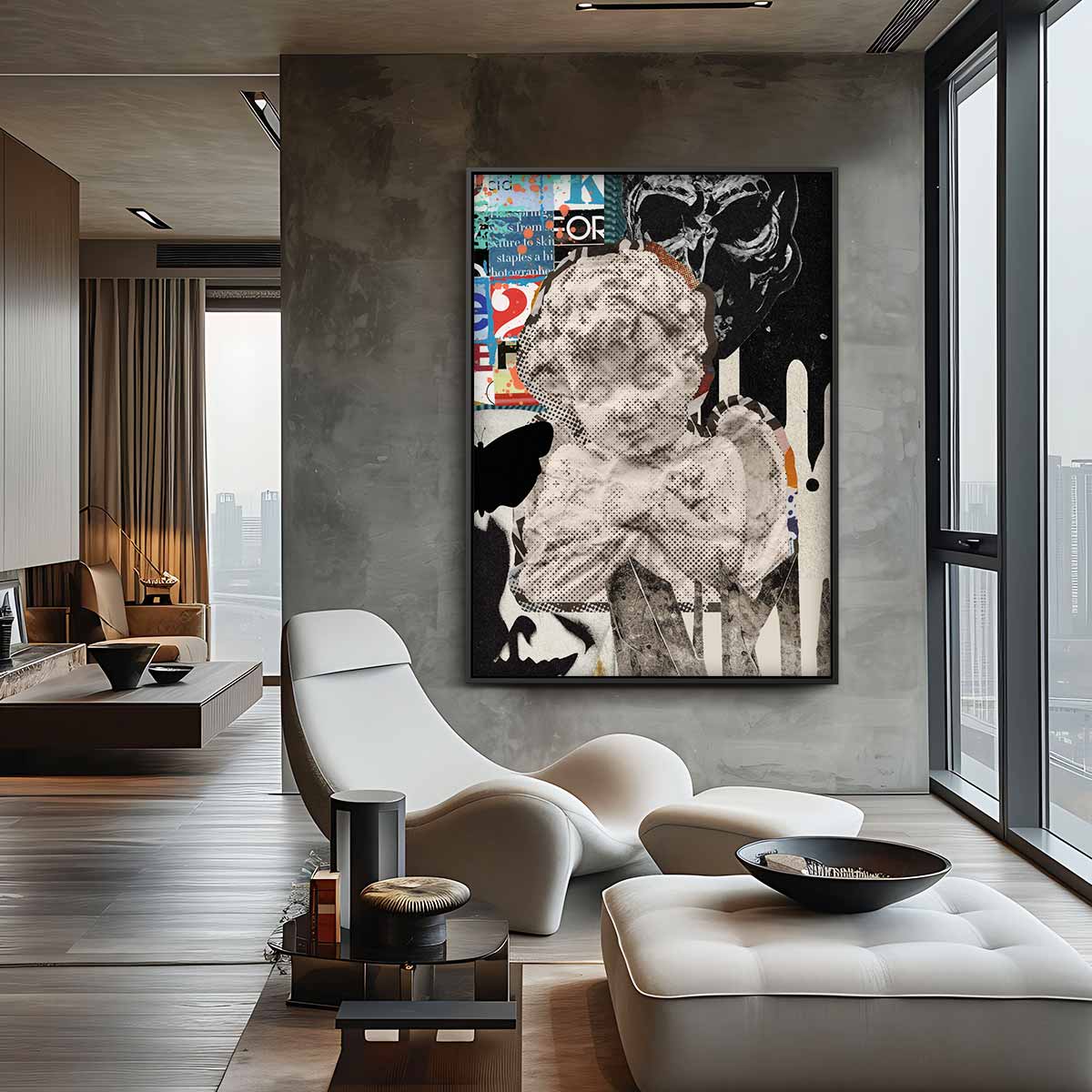 Modern Collage met Antieke Invloeden – kunstwerk met zwarte baklijst