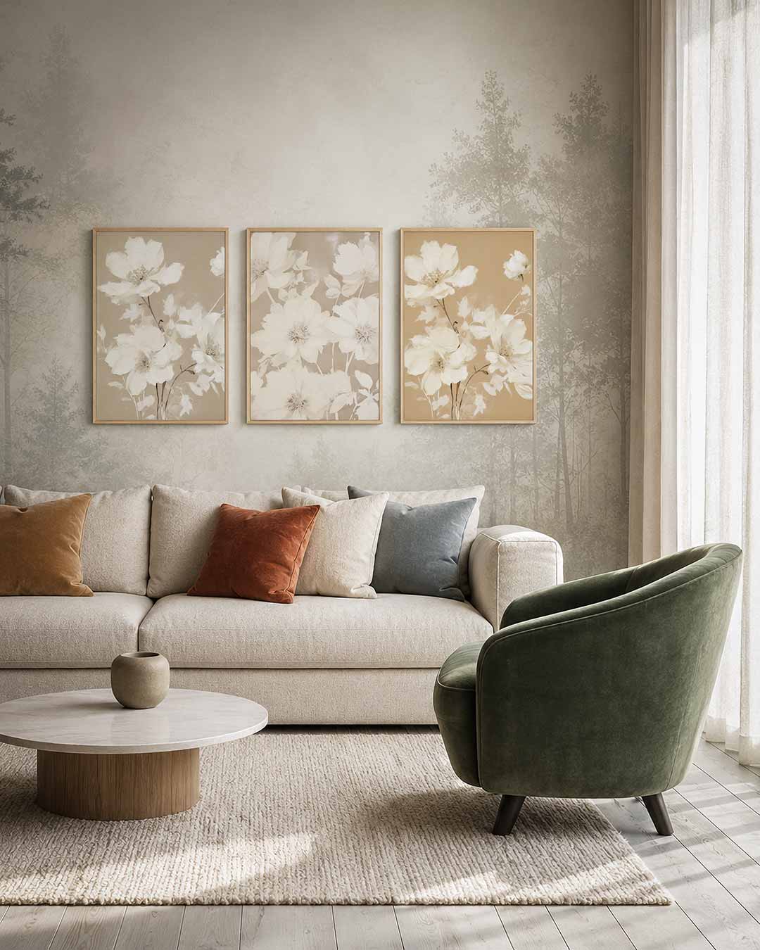 Bloemrijke zachttekening – deze posterset in drie delen toont delicate witte bloemen op een zachte beige