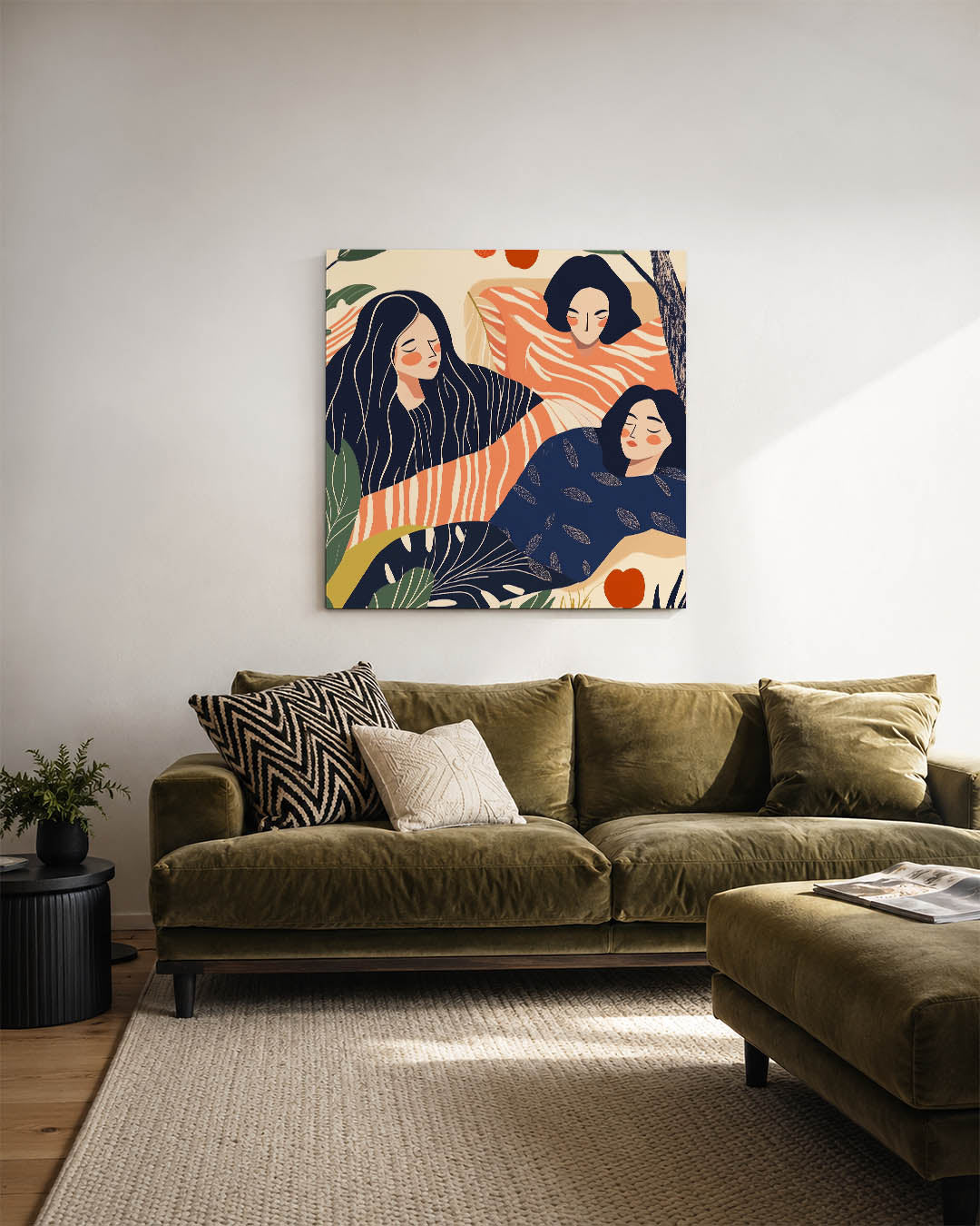 Dromerige figuren kunstwerk – sfeerbeeld – dit kunstwerk toont drie figuren in een compositie met vloeiende lijnen en