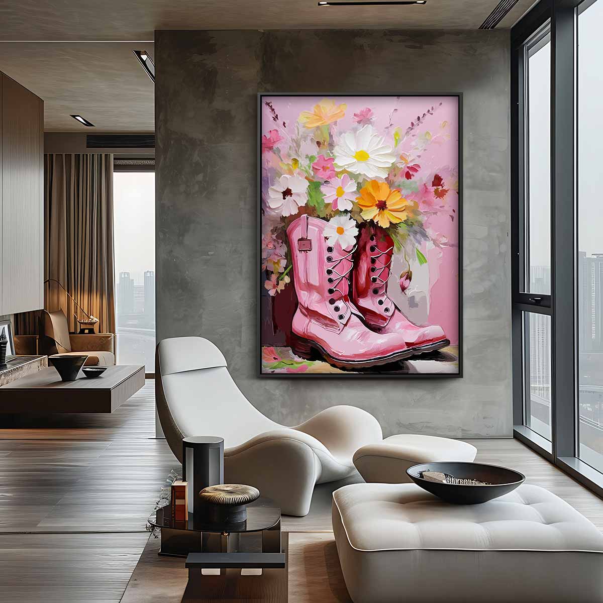 Bloemrijke Laarzen in Roze Tint – staand kunstwerk voor modern interieur