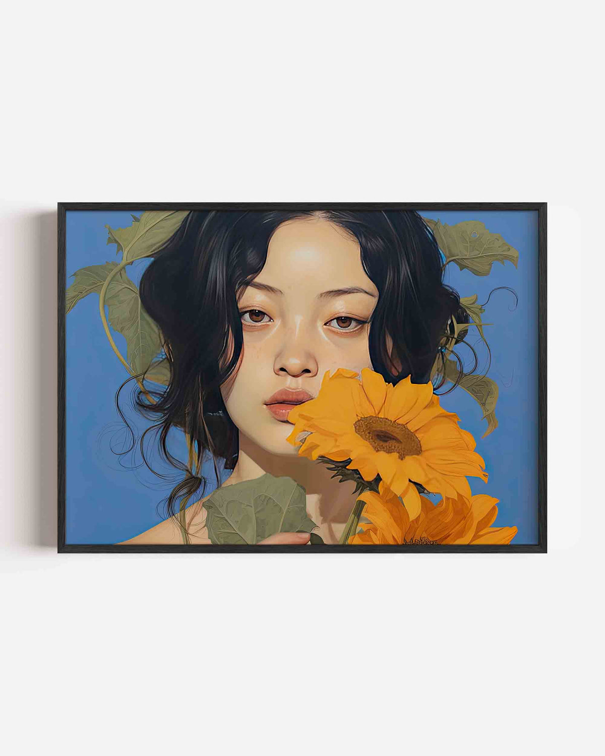 Vrouw met zonnebloem – vrouwelijk portret als landscape poster