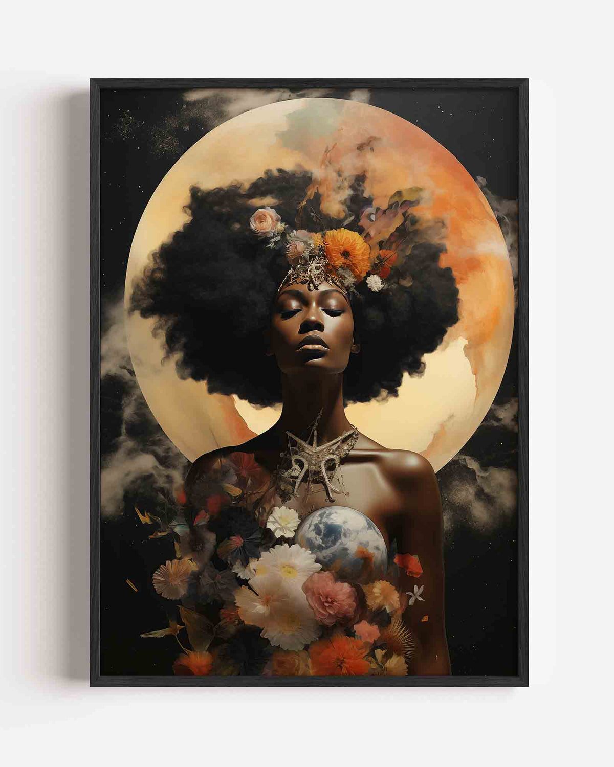 Vrouw met bloemen en maan – surrealistische portret poster als wanddecoratie