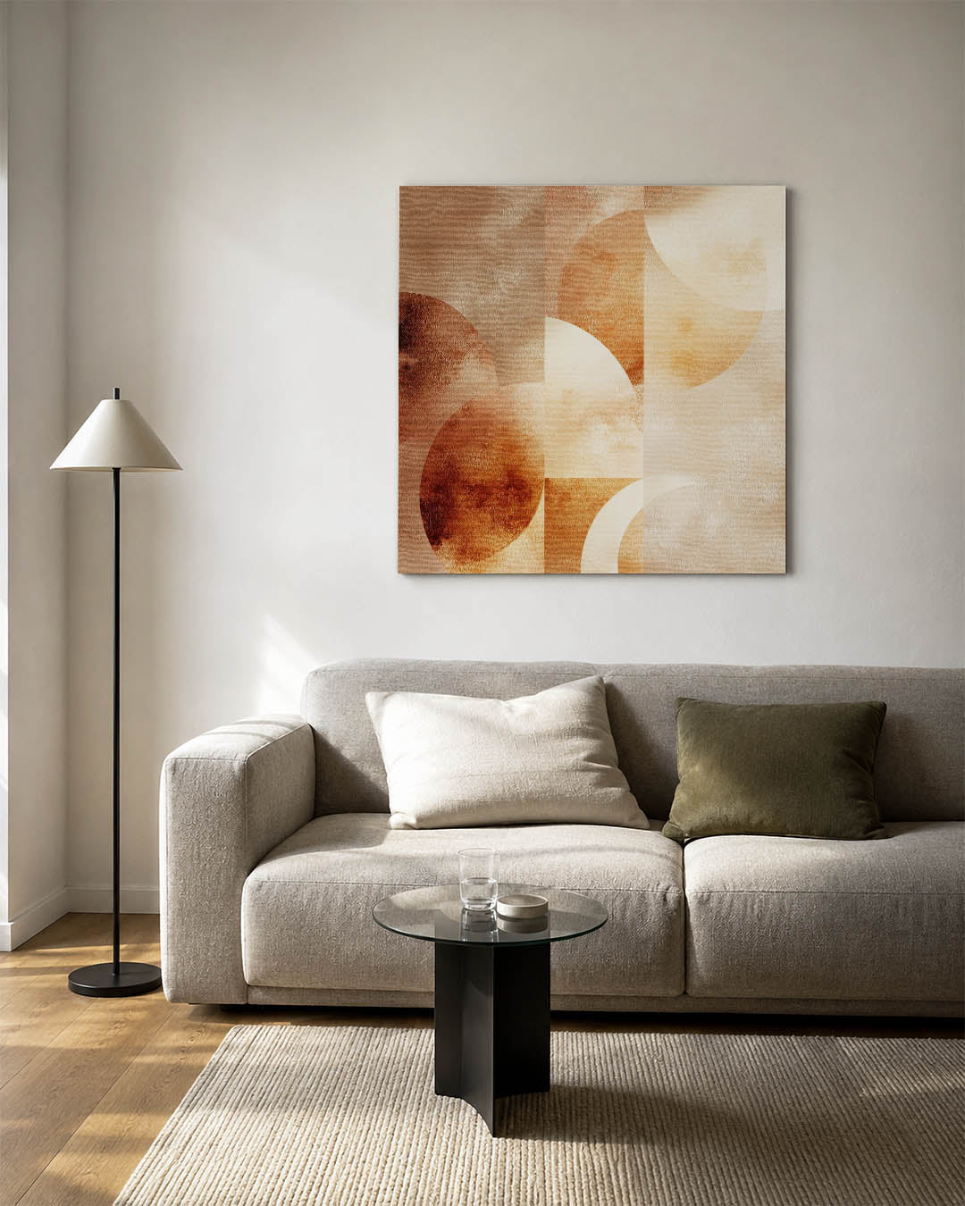 Geometrische vormen compositie kunstwerk – vierkante wanddecoratie – dit werk toont een harmonie van cirkels en rechthoeken