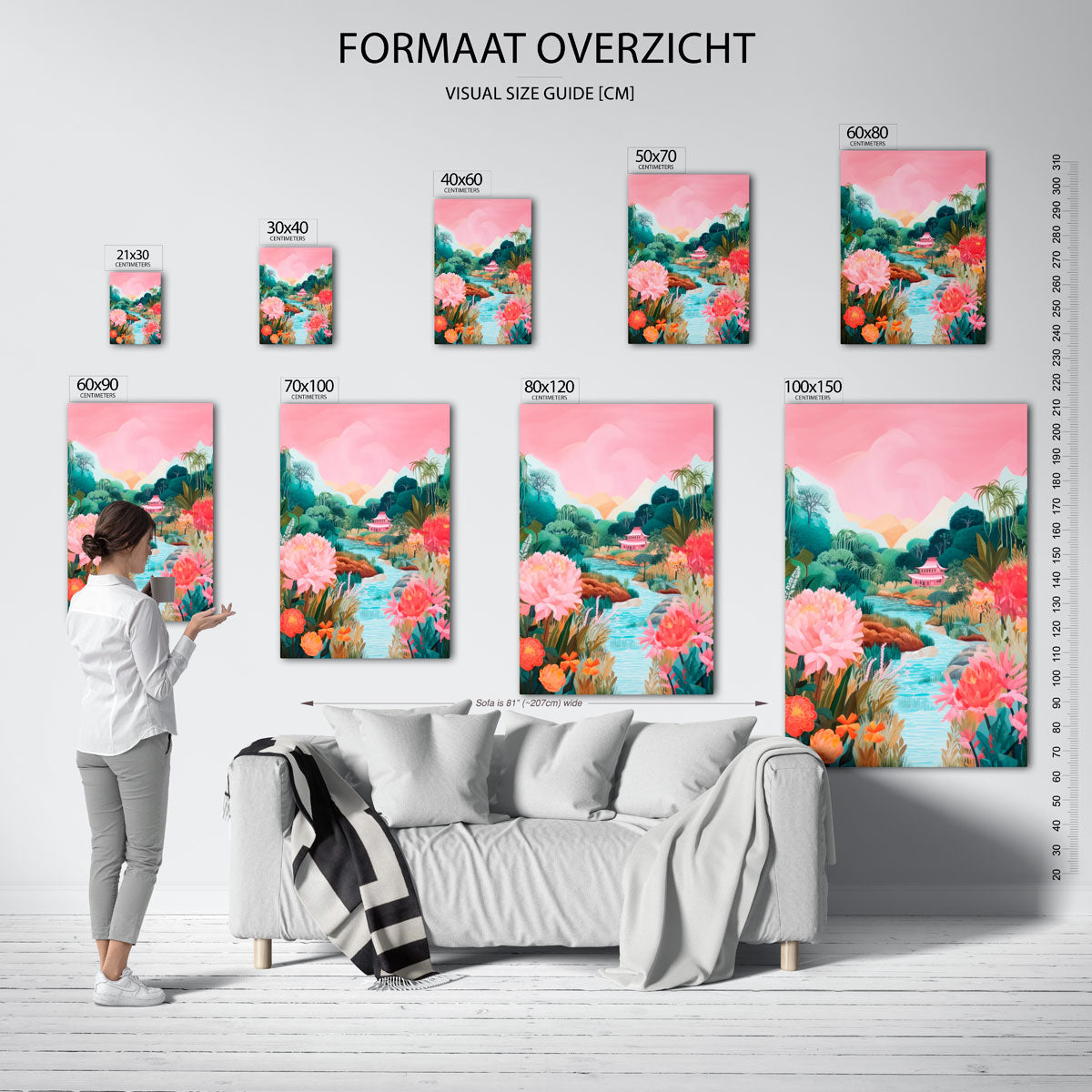 Bloemen en landschap – staande muurposter met kleurrijke illustratie