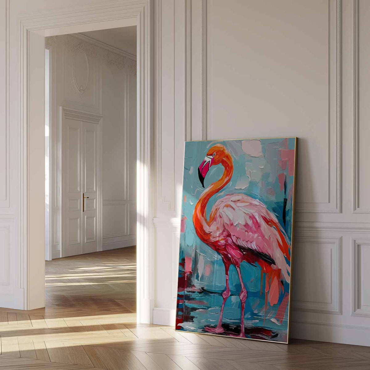 Flamingo Droomwereld – dierenposter als moderne staande wanddecoratie
