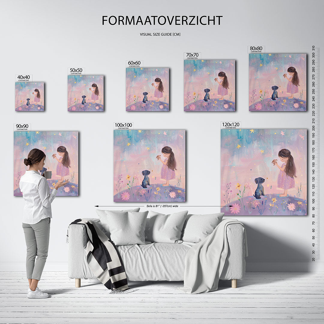 Dromerig kindertafereel kunstwerk – sfeerbeeld – dit werk toont een tafereel met een kind en dieren omringd door bloemen.