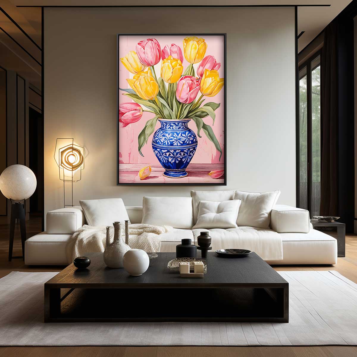 Stralende Tulpen in Blauwe Vaas – dibond wanddecoratie in staand formaat