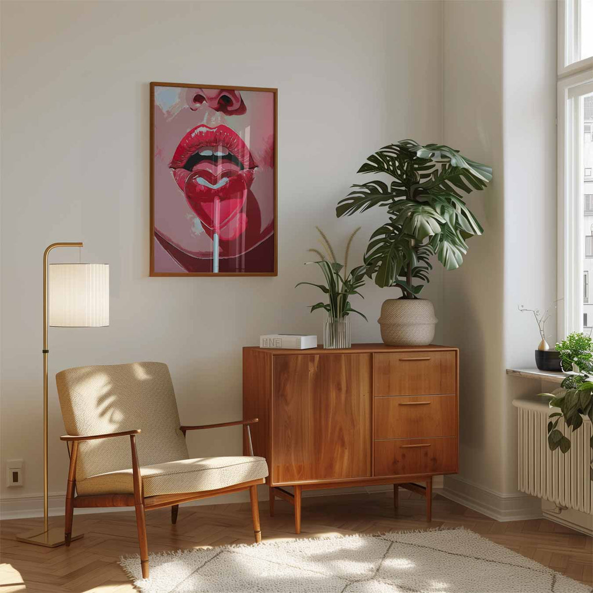 Lippen met Hartvormige Lolly – staande muurposter met zomerse uitstraling